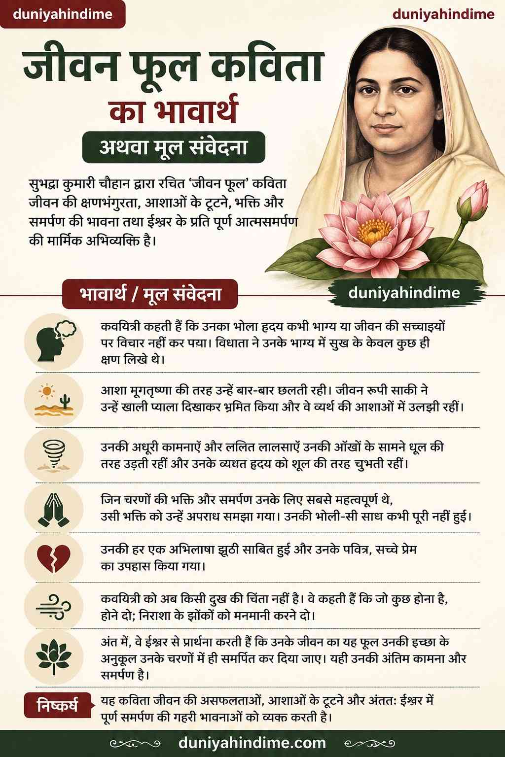 जीवन फूल कविता का भावार्थ दर्शाता भावनात्मक हिंदी साहित्यिक चित्र